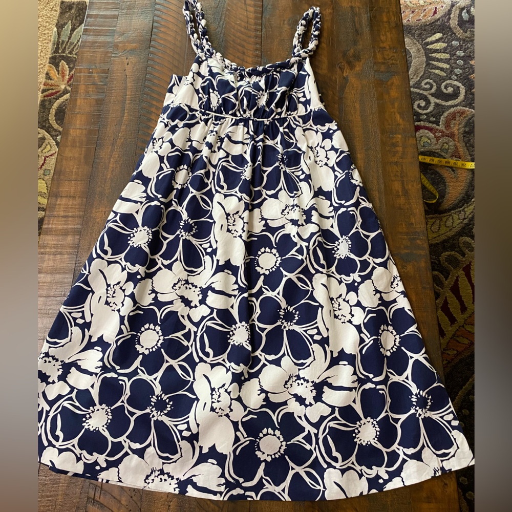 J Crew Women Dress in Navy and White Floral Sz 0 Braided Neckline & Strap Detail